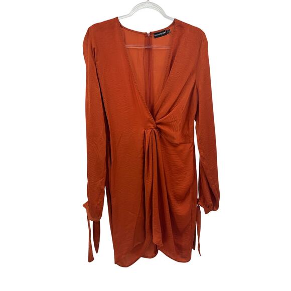 PrettyLittleThing Burnt Orange Deep V-Neck Slit Sleeve Sheath Dress Size 10 - Picture 2 of 10